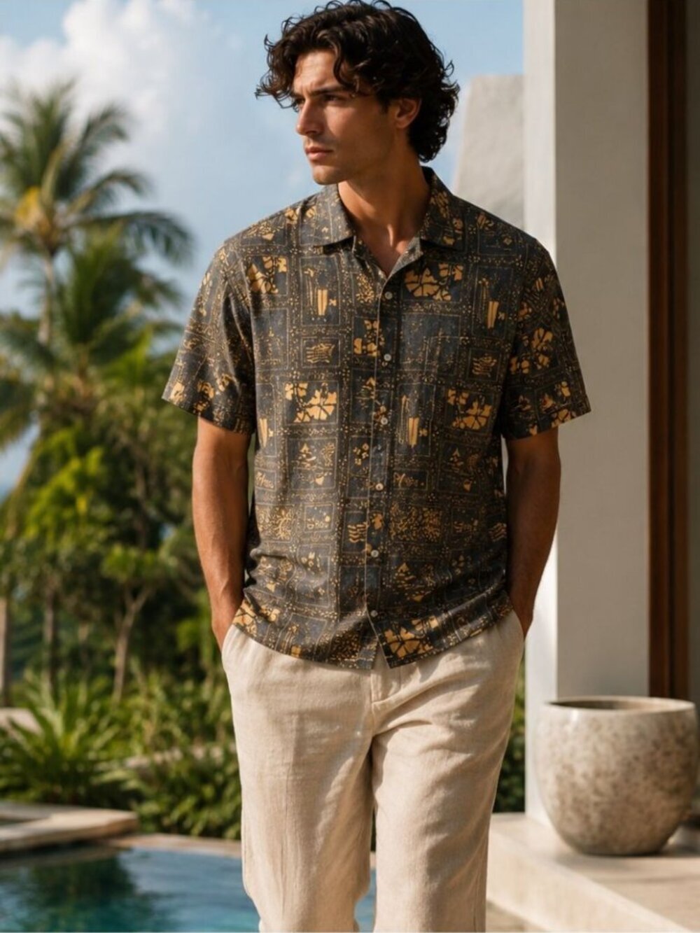 Vintage Reyn Spooner Hawaiian Button Up Shirt Gray Large Surf Aloha Vacation